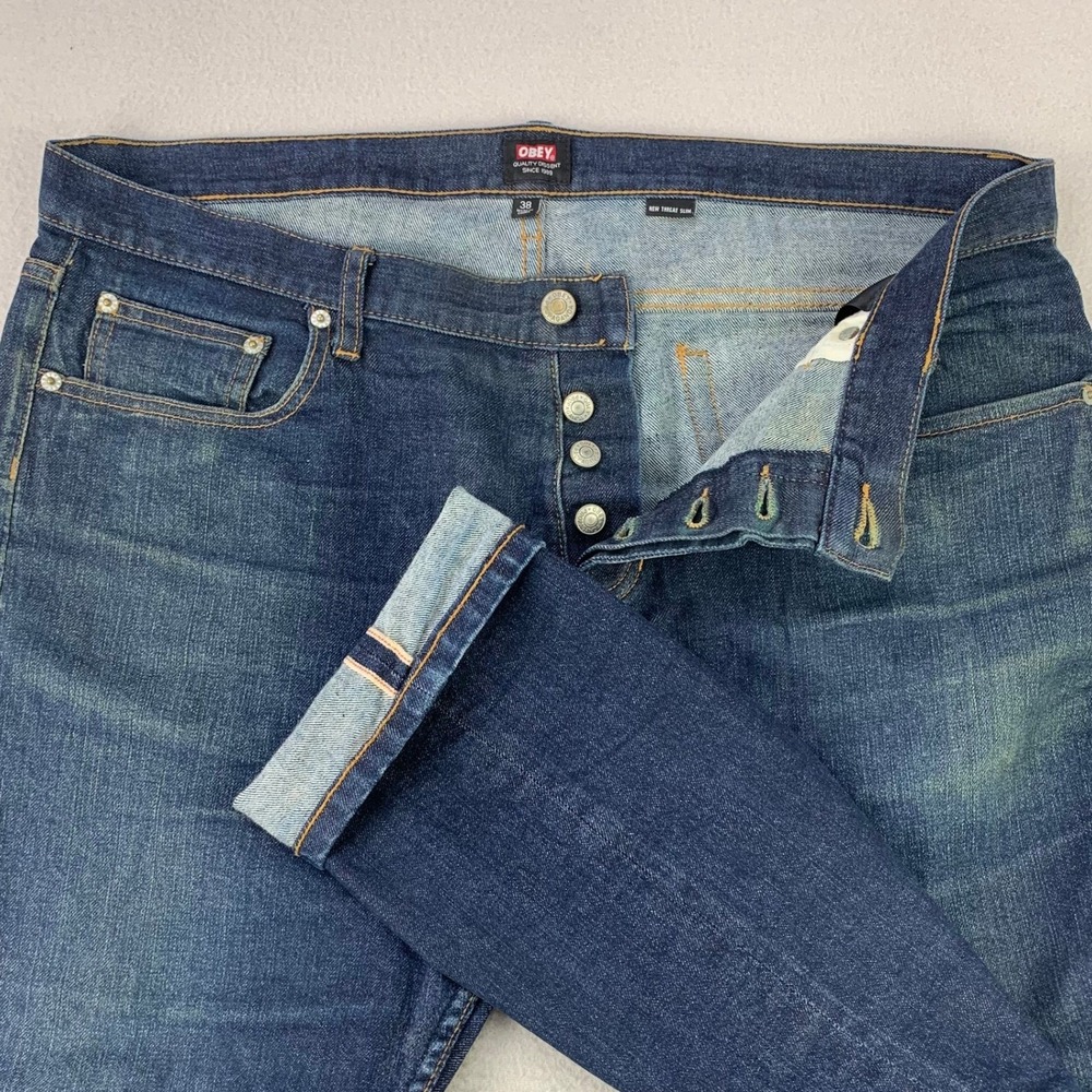 Obey Slevedge Jeans Mens 38 Raw Faded Denim Straight-Leg Button Fly‎ Retro